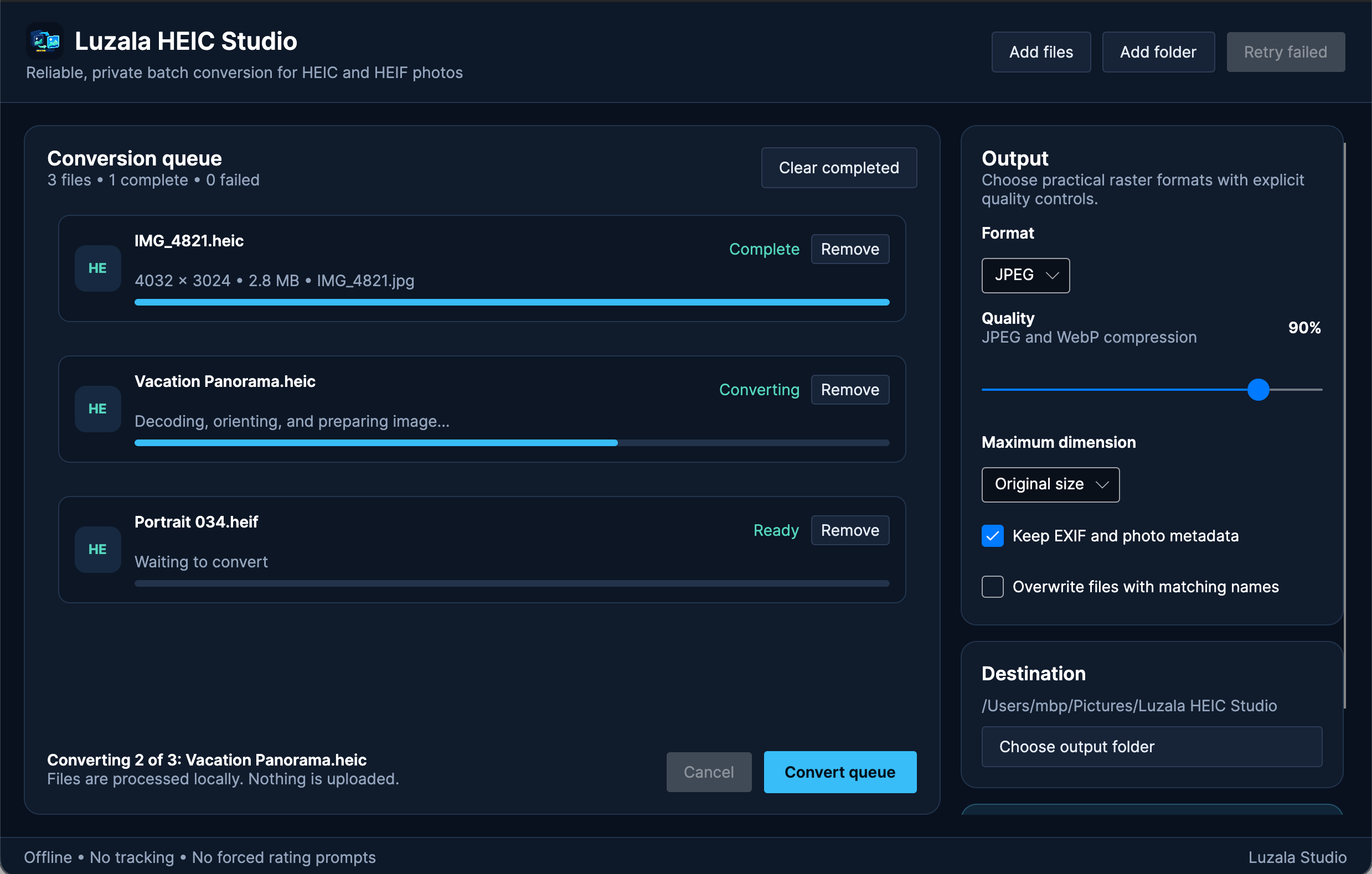 Luzala HEIC Studio conversion queue and output controls